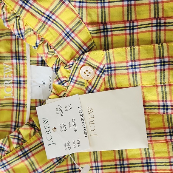 NWT J.Crew XS Yellow Plaid Ruffleneck Tuxedo Bib Blouse - Preppy Ruffle Shirt - Picture 9 of 12